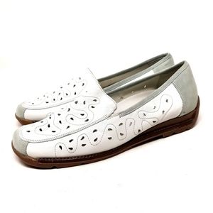 NWOT Rieker Antistress Laser Cut Leather Square Toe Loafers in White/Gray Sz 41